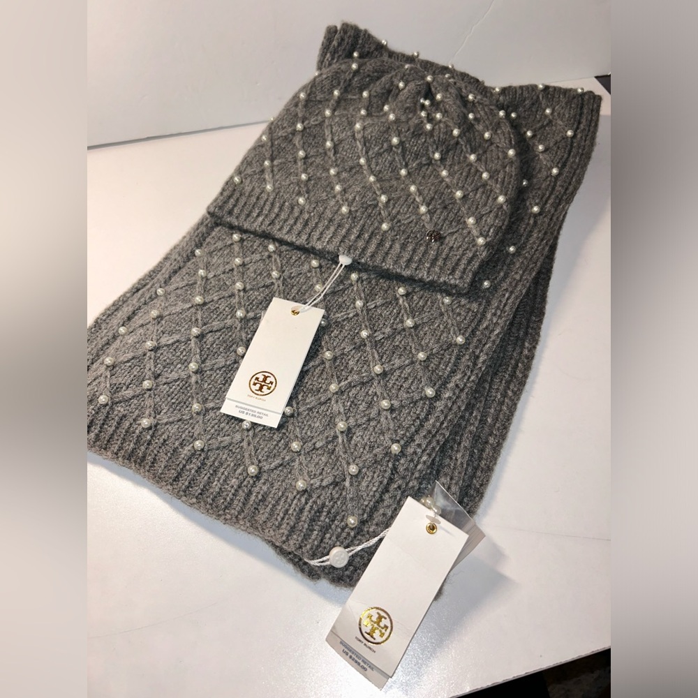 Tory Burch Pearl Cable Hat and Scarf Set Wool & Baby Camel